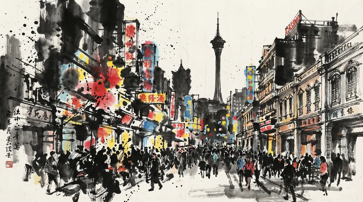 澳门皇冠官网澳门娱乐城繁华夜景水墨画