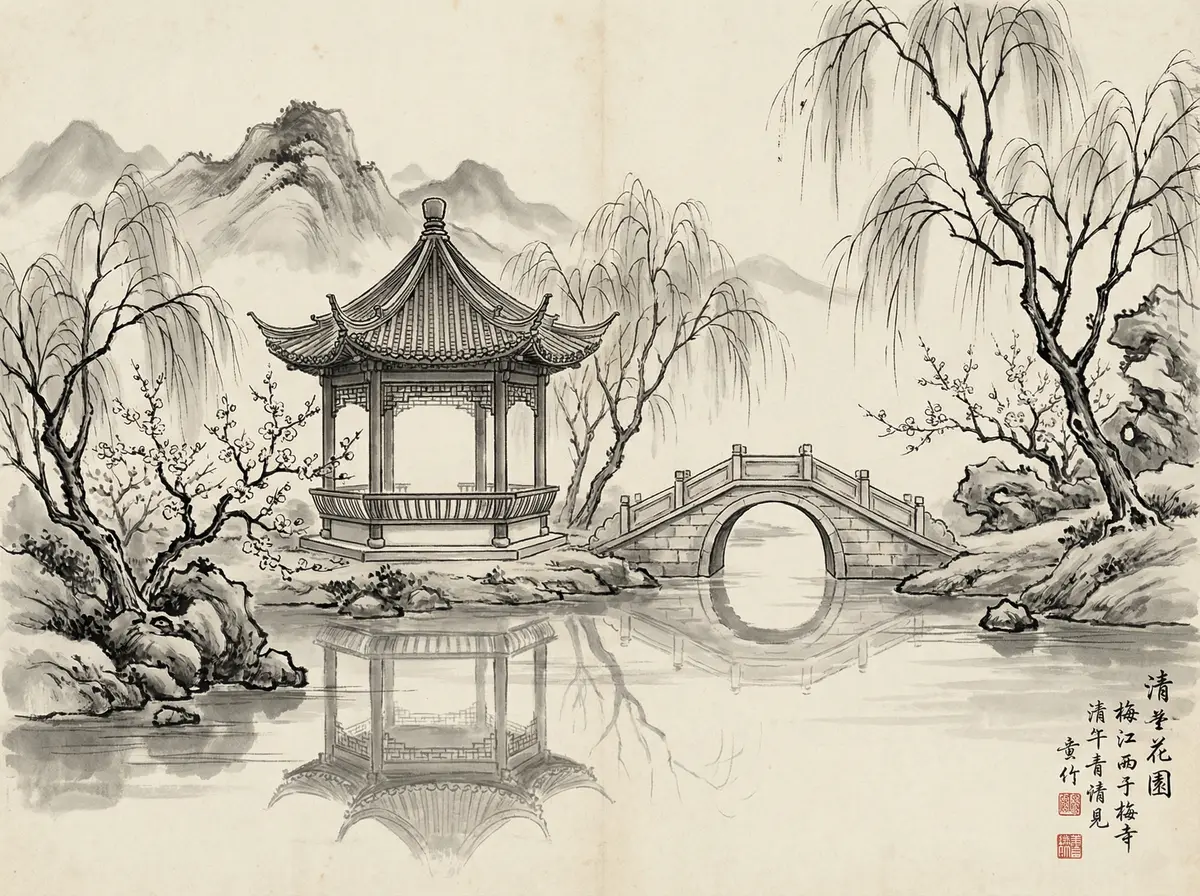 澳门皇冠官网水墨画中的亭台楼阁与石桥倒影