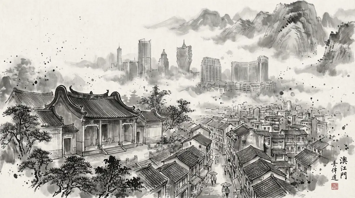 澳门皇冠官网水墨国风全景画卷展现澳门古老街巷与现代酒店建筑群