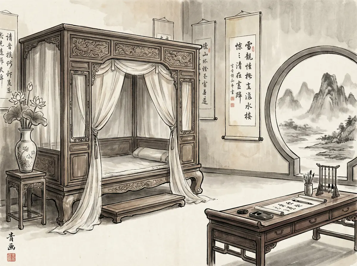 澳门皇冠官网水墨主题豪华客房内景展示红木家具与书法挂轴