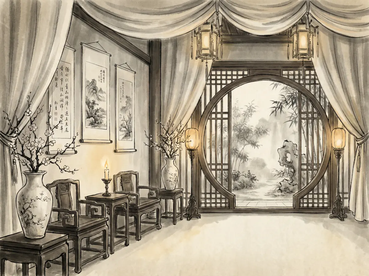 澳门皇冠官网丝绸帷幔园林景观客房展示月洞门与竹林景致