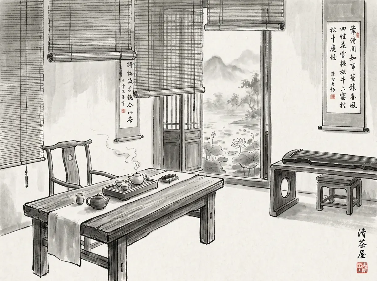 澳门皇冠官网听雨轩茶室水墨画风格展示功夫茶具与古琴