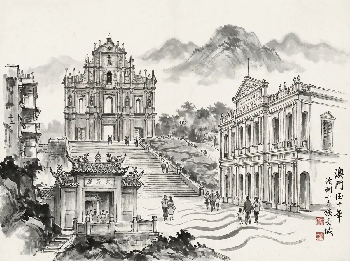 澳门皇冠官网推荐澳门大三巴牌坊水墨画风格旅游景点